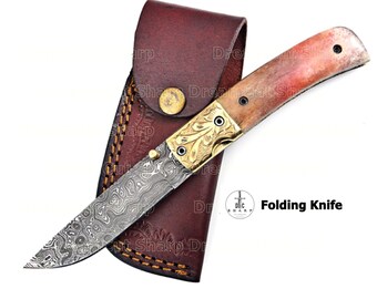 Coloured Bone Handle, Damascus Steel Blade, Pocket Folding Knife, Outdoor Camping Knife, Birthday Gift, Mother's Day Gift, Gift For Friend