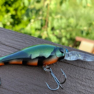May include: A green, black, and orange fishing lure with a clear plastic bill. The lure has three treble hooks.