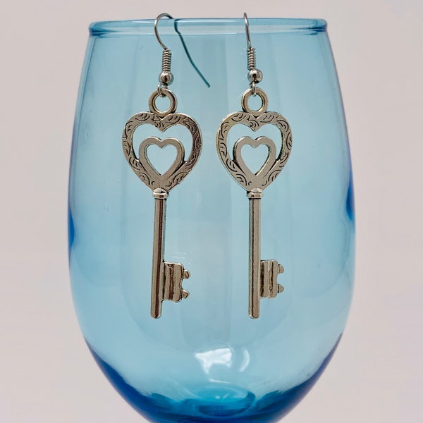 Silver Heart Skeleton Key Earrings