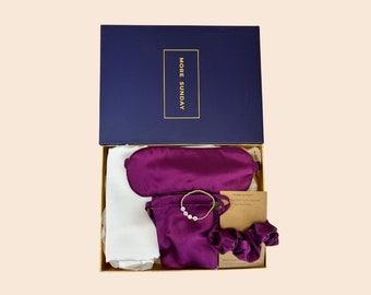 New Mom Valentine's Day Gift Set - Fast Free Shipping -  100% Silk Selfcare Sleep Essential, Silk Pillowcase, Eye Mask, Scrunchie, Bracelet