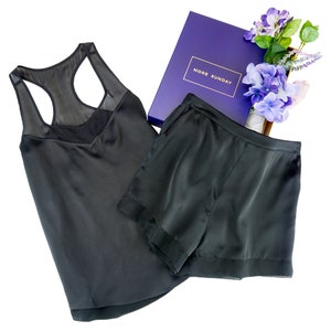 100% Mulberry Silk Loungewear Matching Pajama Set | Perfect Birthday Bridal Gift - Fast Free Shipping, 3 Colors (Indigo, Black, White)