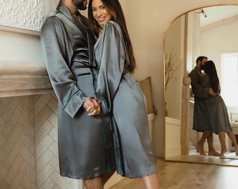 MORE SUNDAY 100% Mulberry Silk Robe Unisex Charcoal Grey Wear it In or Out of your Bedroom | Perfect Couples Valentine's Day Gift!