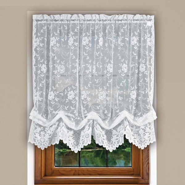 Grace Shabby Chic Floral Lace Balloon Shade Window Curtains White, Cream and Linen Size 56 x 63 Inches, Home Decor Lace