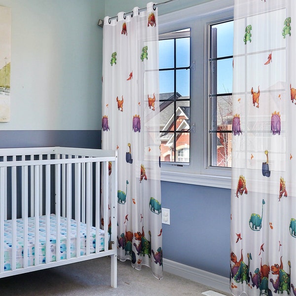 Cortinas de dinosaurios, Cortina de ventana de habitación de niño / niña, Cortinas de guardería, Cortinas de habitación para niños, Decoración del hogar, Dos piezas