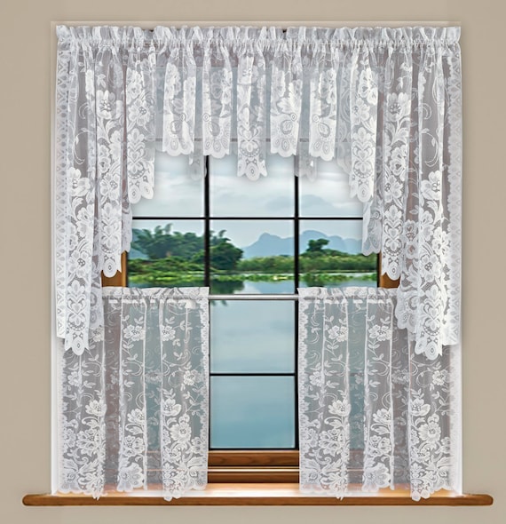 Grace Floral Lace Kitchen Cafe Curtain Tier Valance Swag Pair or