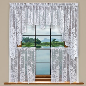 Grace Floral Lace Kitchen Cafe Curtain Tier Valance Swag Pair or as Set White Cream/Ivory Linen, Home Decor Lace, Romantic Window Home Decor
