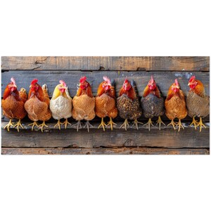 Peut inclure: Une rangée de neuf poulets de couleurs et de motifs variés se tient devant un fond en bois vieilli. Les poulets ont des crêtes et des barbillons rouges, avec des plumes allant du marron au noir et blanc. Leurs pattes jaunes sont visibles.