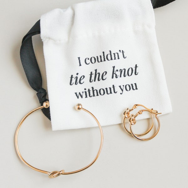 Bridesmaid Proposal Gift Bundle, Tie the Knot Hoop Earrings, Tie the Knot Bracelet & Cotton bag