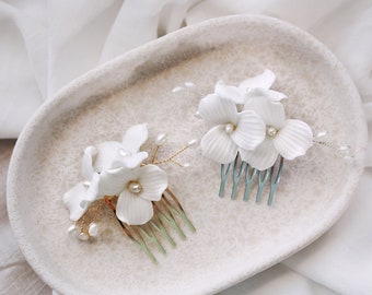 Porcelain White Flowers Pearl Hair Pin Comb, Bridal Hair Piece, Delicate Minimalist, Bridal Hair Accessories, Wedding Hair Accessory