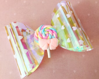 Holographic Fun Summer Lollypop Hair Bow Clips With Hearts