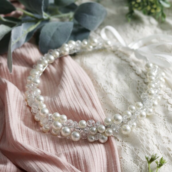 White Pearl Beads Wedding Crown Bridal Vine Headband Halo