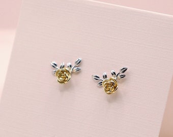 Gold Rose Earrings Studs - 14k Gold Over Sterling Silver, Small Dainty Earrings For Second Piercing, Gold Jewelry
