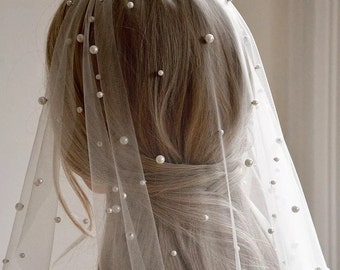 Cathedral Wedding Veil • Ivory Pearl Beaded Veil • Soft Tulle Veil • Scattered Pearl Bridal Veil • Sheer Drop Bridal Veil