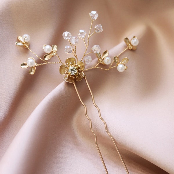 Vintage Gold Flower Hair Pins Bridal Wedding Hair Accessories, Wedding Flower Bobby Pin Bride Bridesmaids, Leaf Hair Piece, Gold Leaf Vine