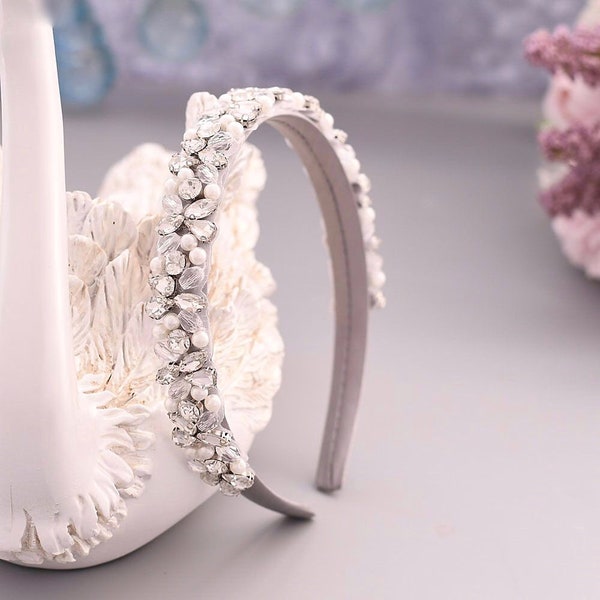 Silver Crystal Embellishments Bridal Headband Satin Wedding Hair Accessories