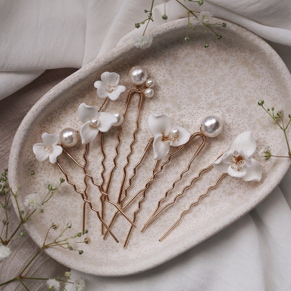 White Pearl Flower Porcelain Hair Pins Mix, Bridal Gold Silver Hair Piece, Wedding Hair Accessory, Bridal Flower Hair Pins, Delicate