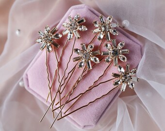 Gold Crystal Flower Hair Pins Accessories Set, Bridal Wedding Hair Accessories For Bride Bridesmaid, Flower Bobby Pins, Hair Crystal Pins