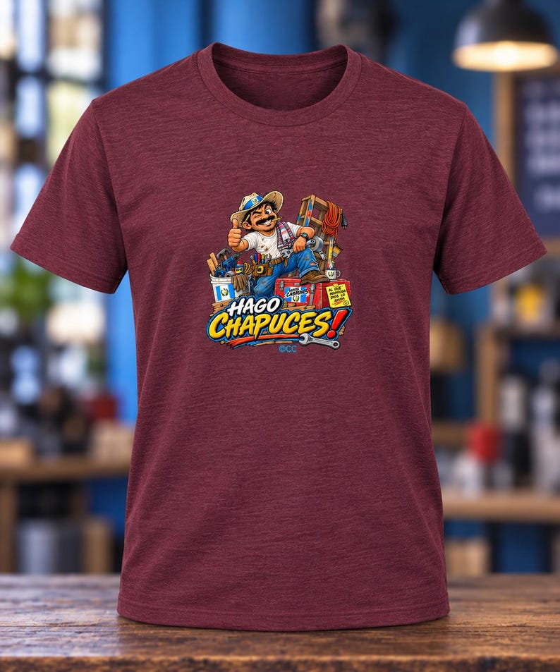 May include: A maroon short-sleeved t-shirt featuring a graphic of a cartoon worker with a mustache and straw hat giving a thumbs up. The design includes tools, a toolbox, and the text HAGO CHAPUCES! in bold yellow and white lettering.