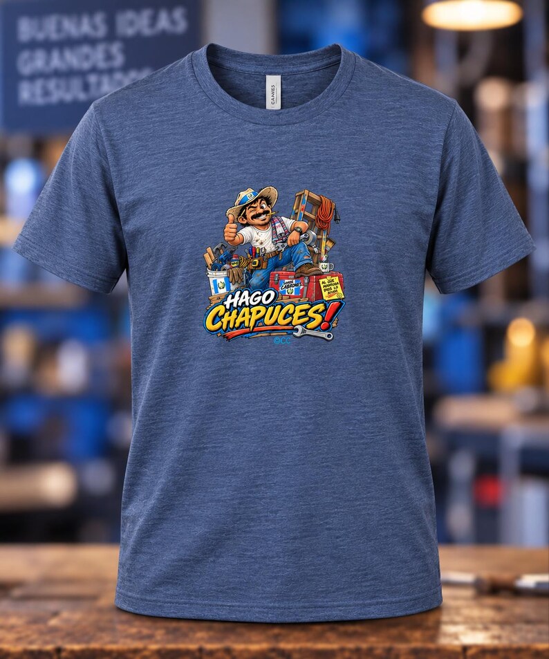 May include: A heather blue short-sleeve t-shirt featuring a graphic of a cartoon worker with a mustache and hat, surrounded by tools and a red toolbox. The text HAGO CHAPUCES is printed in bold yellow and white letters below the illustration.