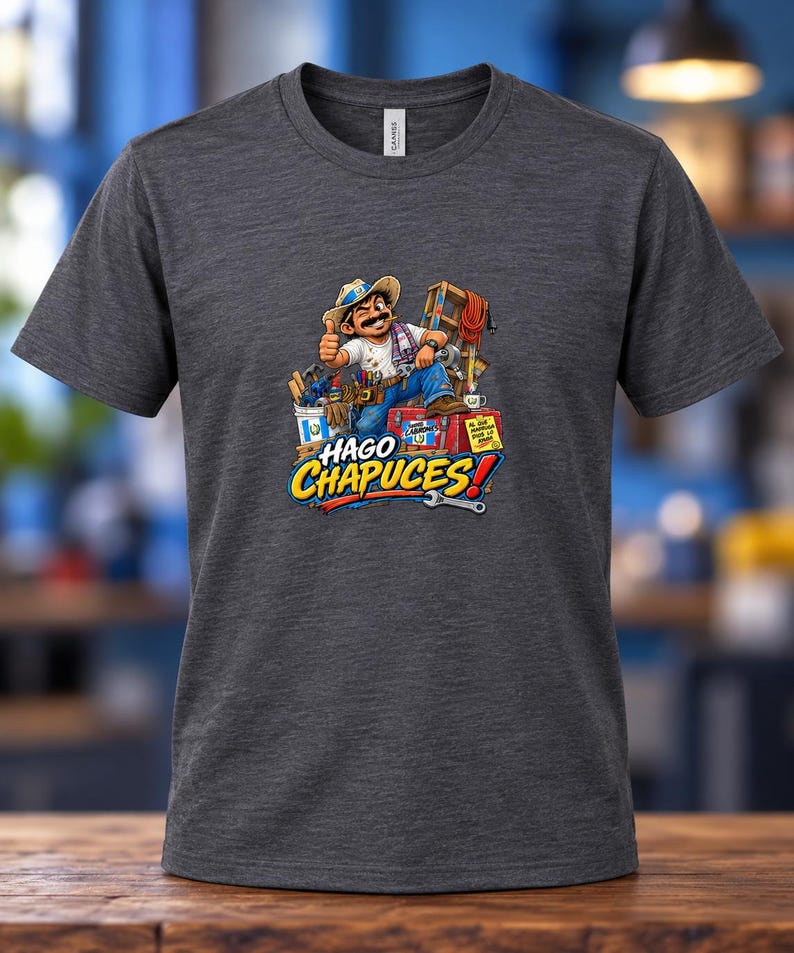 May include: A dark heather grey short-sleeve t-shirt featuring a cartoon illustration of a construction worker giving a thumbs up, surrounded by tools and a ladder. The text HAGO CHAPUCES is printed in large, bold, colorful letters below the character.