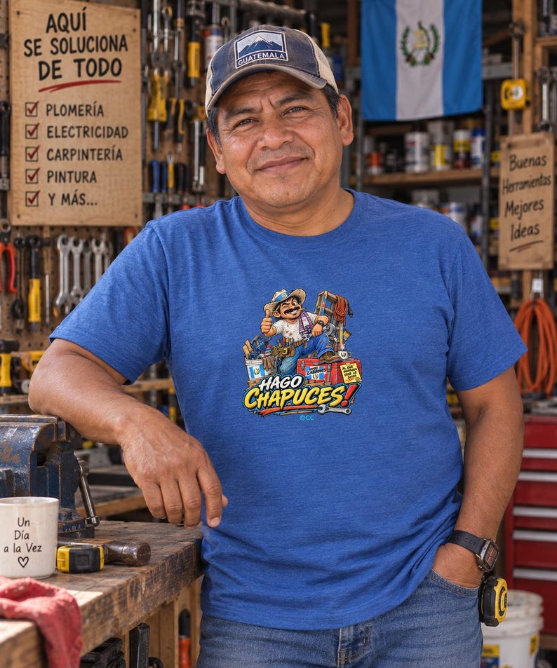 May include: A blue short-sleeved t-shirt featuring a graphic illustration of a cartoon worker with tools and the text HAGO CHAPUCES. The design includes a bucket, a ladder, and a red toolbox. The shirt has a crew neckline and a heathered texture.