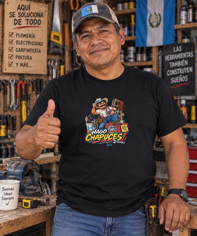 May include: A black t-shirt featuring a colorful graphic of a cartoon character wearing a hat and tool belt, surrounded by tools and a toolbox, with the text "HAGO CHAPUCES!" printed in bold yellow and blue letters below the illustration.