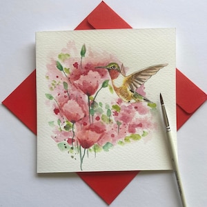 Cartão de pintura à mão de beija-flor - cartão de felicitações, cartão feito à mão