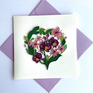 Carte de quilling orchidées violettes, papier d'art, carte de voeux, carte de quilling, cartes d'artisanat, carte faite main.