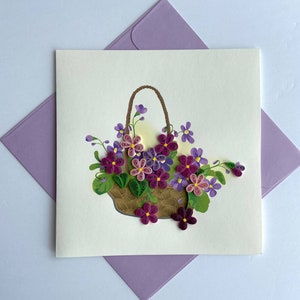 Carte quilling panier de fleurs, papier d'art, carte de voeux, carte quilling, cartes artisanales, carte faite main.