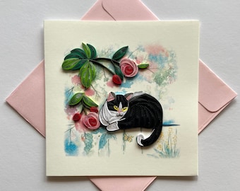 Cat- Quilling Card, Papier d’art, Carte de vœux, Carte Quilling, Cartes artisanales, Carte faite à la main.