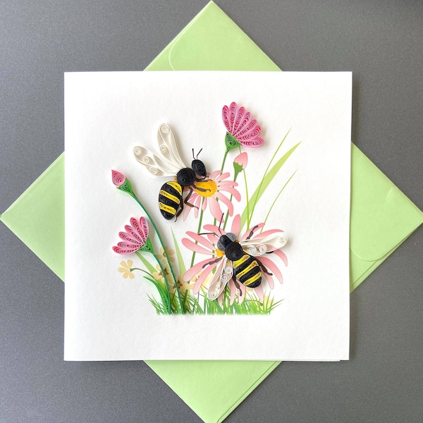 Carte quilling abeille, papier d'art, carte de voeux, carte quilling, cartes artisanales, carte faite main.