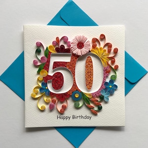 50e anniversaire - Carte quilling, papier d'art, carte faite main