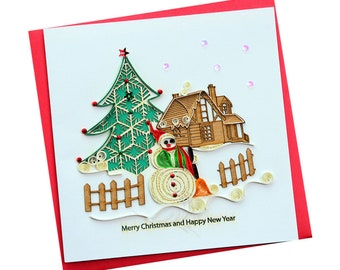 Kerstmis in het dorp - Quilling-kaart, kunstpapier, wenskaart, handgemaakte kaart.