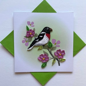 鳥のクイリング カード、アート ペーパー、グリーティング カード、クイリング カード、クラフト カード、手作りカード。