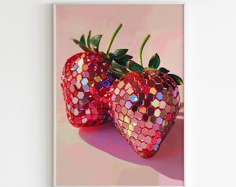 Disco Strawberry Art, Glitter Berry Poster, Pink Fruit Print, Modern Kitchen Art, Vibrant Food Illustration, Whimsical Decor, Art Deco Food