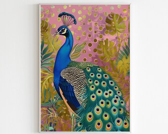 Peacock Poster, Tropical Wall Art, Vibrant Feather Print, Pink Gold Decor, Nature Illustration, Exotic Bird Artwork, Whimsical Animal Print