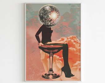Disco Ball Art, Cocktail Print, Vintage Fashion, Party Decor Print, Retro Wall Art, Glamour Poster, Sparkling Design, Elegant Illustration