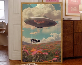 UFO Art, Trippy Wall Art, Retro Art, Cosmic Art, Vintage Art, Space Art, Art Print, 60s wall art, Colorful Art, Cow Abduction, Vibrant Print