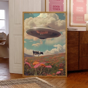 UFO Art, Trippy Wall Art, Retro Art, Cosmic Art, Vintage Art, Space Art, Art Print, 60s wall art, Colorful Art, Cow Abduction, Vibrant Print