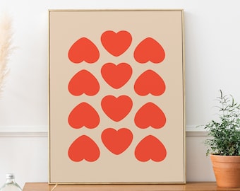 Hearts print, Minimalist, Illustration,Mid Century, Art Exhibition, Digital Prints, Exhibition Poster, Downloadable Prints, Retro Poster