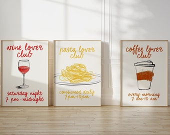 set of 3,coffee print,contemporary art,dining room decor,wine print,wine print,kitchen poster,mid century modern,pasta night print,spaghetti