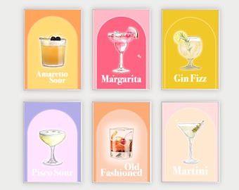 Cocktail Print Set of 6, Colorful Gallery Wall Art Posters, Retro Bar Poster Set, Boho Set Prints, Retro Cocktail Prints, Liquor Drink Bar