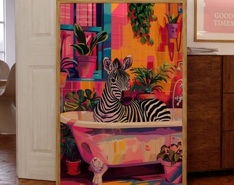 Badezimmer Wandkunst, lustige Kunst, Zebra Poster, Kunstdrucke Trendy, Zebra in einem Bad Druck, Adrette Wandkunst, trendiges Dekor, Maximalist Dopamin-Dekor