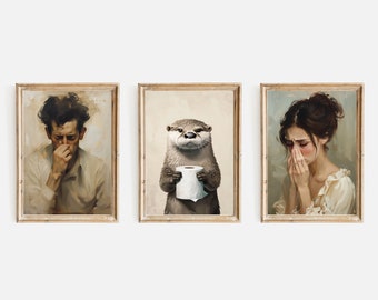 Funny Bathroom Art Print Set, Toilet Humor Decor, Classical Vintage Style Painting, Otter Poster Animal Bathroom Poster, Bathroom Wall Art