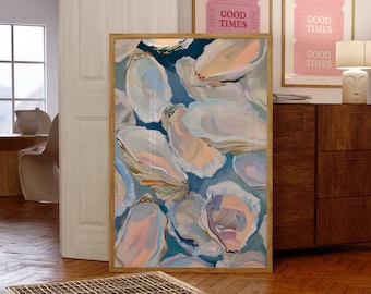Colorful Pastel Oyster Shell Painting, Abstract Seashells, Abstract Coastal Beach House Wall Art Print, Summer Dining Room Kitchen Print