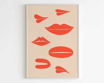 Retro Lips Print, Coquette Room Decor, Mid Century Wall Art, Funky Typography Poster, Pink Dopamine Art, Y2K Girly Decor (Digital Download)