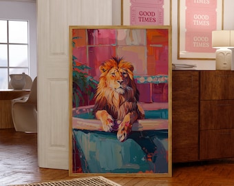 Bathroom Wall Art, Fun Art, Lion Poster, Art Prints Trendy, Lion In a Bath Print, Preppy Wall Art, Trendy Decor, Maximalist Dopamine Decor