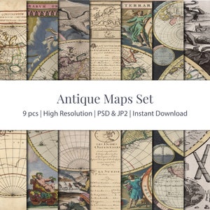 Antique Maps Set 9 Pcs, 1660-1714, Carte du monde, Carte antique, Carte de l’Atlas, Tartarie, Cartographie du Globe, Cartes imprimées d’art, Numérique