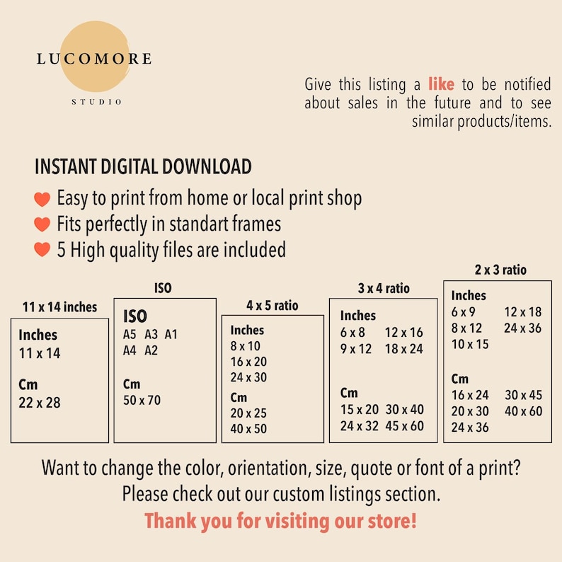 May include: Digital download art print size guide. Includes sizes in inches and centimeters for various ratios, such as 11 x 14 inches (22 x 28 cm), 8 x 10 inches (20 x 25 cm), and ISO sizes. The guide also includes the text "Instant Digital Download".