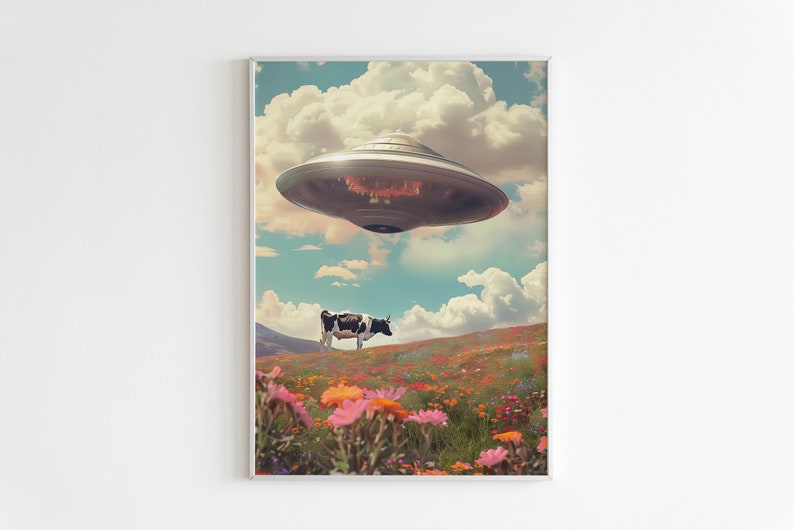 UFO-tryck, trippy retro väggkonst, funky rymdaffisch, Y2K dopamindekor, kosmisk 60-talskonst, tonårsrum och spelrumsinredning (digital nedladdning) bild 2